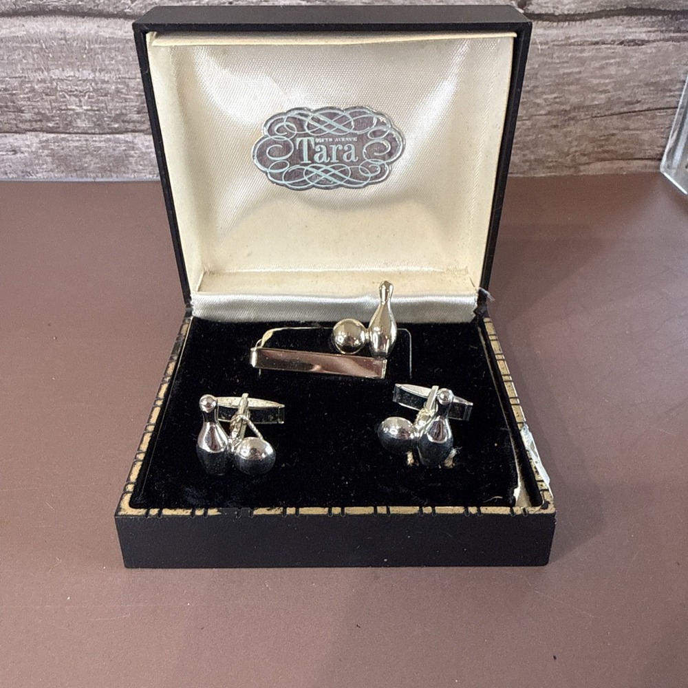 Vintage Tara Fifth Avenue Bowling Ball/Pin Cuff Link and Tie Clip Set Silver